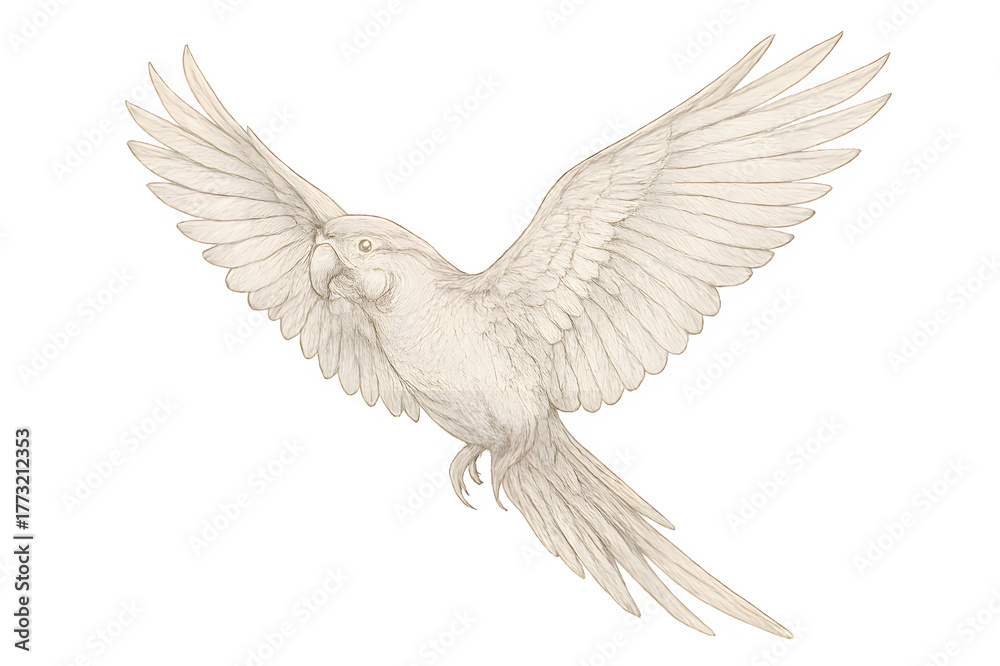 Naklejka premium Majestic parrot in elegant flight soars, a symbol of freedom and grace perfect for designs needing a touch of the wild, artistic flair, and natural beauty.