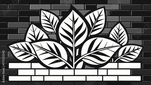 Striking monochrome vector illustration featuring stylized botanical leaves emerging from a brick ledge against a dark, textured brick wall background.