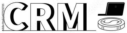 CRM abbreviation with dollar coin and computer outlines emphasizing customer relationship, revenue growth, and technology. Ideal for marketing, management, sales, analytics, business, strategy