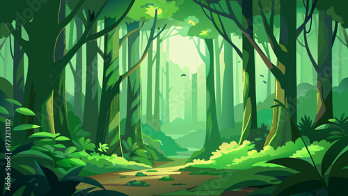 Lush, stylized jungle or rainforest background with sunlight filtering through the canopy and a winding path. Evokes rich nature, tropics, and adventure.