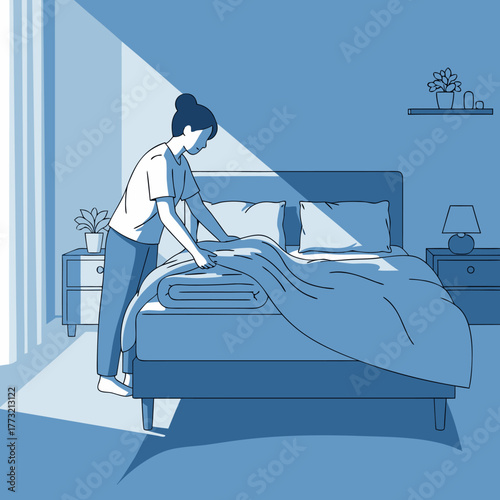 Woman making bed in sunlit bedroom creating a peaceful morning atmosphere