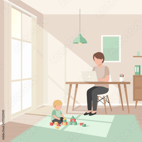 Parent working from home with child playing nearby in sunny room