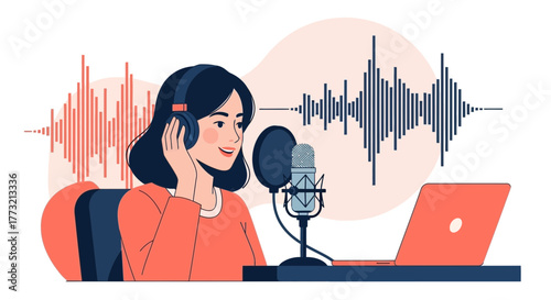 Podcast Recording Session Depicting a Woman Using Microphone and Laptop During Sound Production