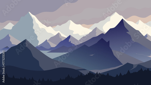 Dramatic, layered mountain range landscape in cool, muted blues and purples, featuring sharp peaks and snow caps. Ideal for nature, travel, and adventure themes.