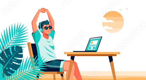 Relaxed Man Working Remotely Enjoying Tropical View With Sunshine Background
