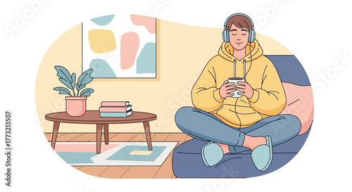 Relaxed Person Enjoying Music At Home While Holding A Cup And Wearing Headphones