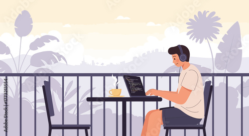 Remote Coding Session Amidst Verdant Scenery: Freelancer Working Outdoors With Coffee
