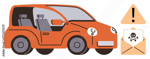 Driverless orange car alongside a warning sign and a mail alert symbolizing a security threat. Ideal for cybersecurity, automotive safety, hacking, AI challenges, awareness, smart technology risks