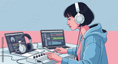 Woman Composing Music with Headphones and Laptops Creating Melodies and Sounds Digitally
