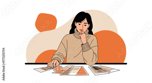 Woman Considering Color Palettes, Contemplating Design Choices, Project Selection