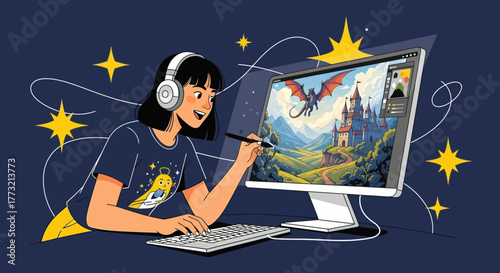 Woman Creates Digital Art Fantasy Scene With Castle Dragon And Innovative Techniques