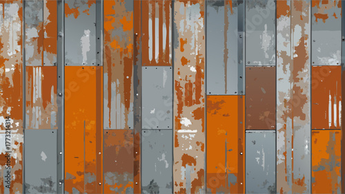 Abstract patterned background of weathered, vertical metal panels with heavy rust, peeling paint, and corrosion. A grunge industrial texture in shades of gray and burnt orange.