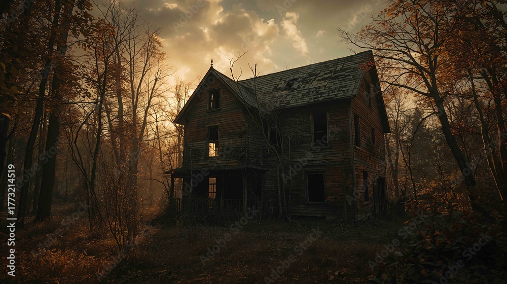 Obraz premium Lonely aged timber house rests forgotten in a desolate meadow surrounded by a fading forest at warm golden sunset autumn season horror wallpaper background
