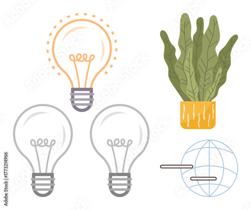 Glowing light bulb stands out among inactive bulbs, paired with a leafy potted plant and a globe. Ideal for innovation, growth, sustainability, creativity, eco-awareness, global connection, simple