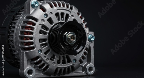 Detailed close-up view of a vehicle alternator with its pulley and housing. Essential component for charging the car battery. (132 characters) ,engine ,system ,car