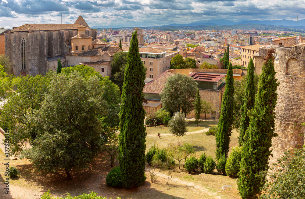 Fototapeta premium Panoramic city and monastery view in Girona Spain