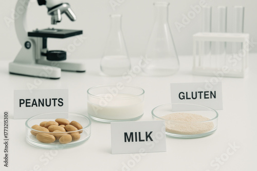 Quality control lab with allergen test materials for food safety. Labeled peanut, milk, and gluten on clean table, with sterile tone for serious scientific analysis