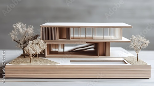 Architectural model showcasing a modern minimalist house design with clean lines and natural landscaping elements.