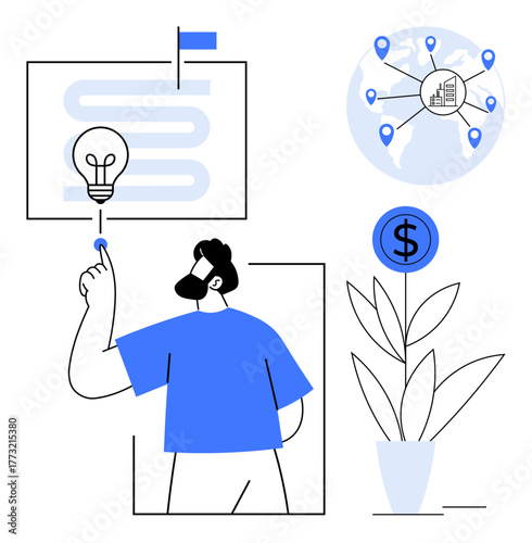 Person activating a light bulb, map with location points, and dollar symbol over a plant. Ideal for innovation, global networking, creativity, business growth, investment, strategy digital