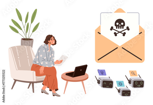 Concerned woman reading a document near a laptop as malicious email with a skull appears and bots symbolize online threats. Ideal for cybersecurity, online safety, phishing awareness, malware risks
