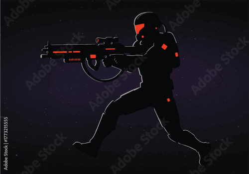 Running Silhouette of a Soldier with Futuristic Weapon in Nighttime Scene