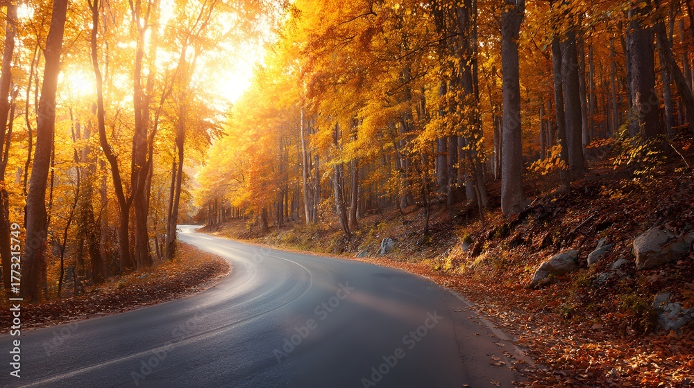 Obraz premium Winding asphalt road travels through a dense forest bathed in bright autumn sunlight