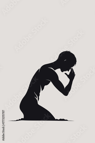 Silhouette of a man kneeling with head bowed and hand on forehead, symbolizing mental exhaustion, trauma, stress, and emotional struggle in minimalist modern art style.