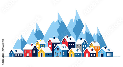 Colorful Houses in a Snowy Mountain Village Illustration