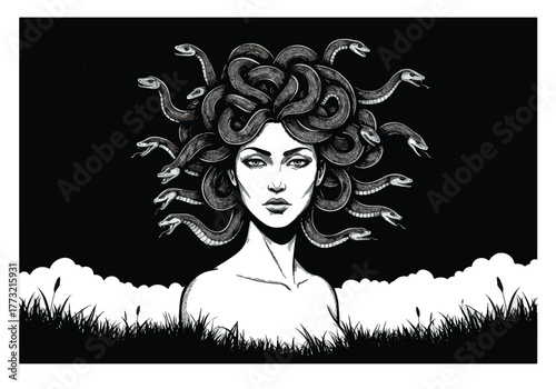 A striking black and white vector illustration of the mythological Gorgon Medusa, her hair a tangle of menacing snakes