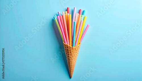 Colorful straws fill waffle cone on light blue backdrop