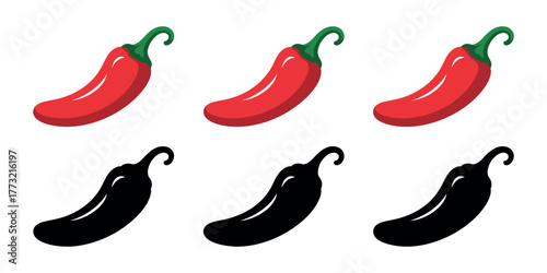 Hot chili pepper icons in red and black silhouette styles. vector illustration set for spicy food, Mexican cuisine, restaurant branding, and culinary design projects.