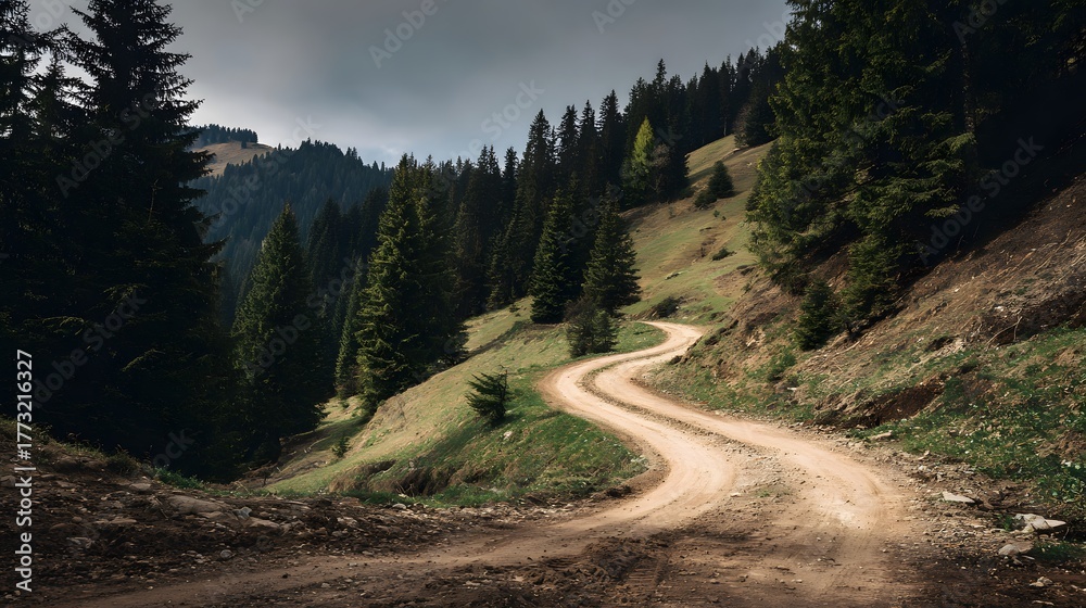 Obraz premium Winding dirt road ascends a steep, forested hillside under a dramatic sky
