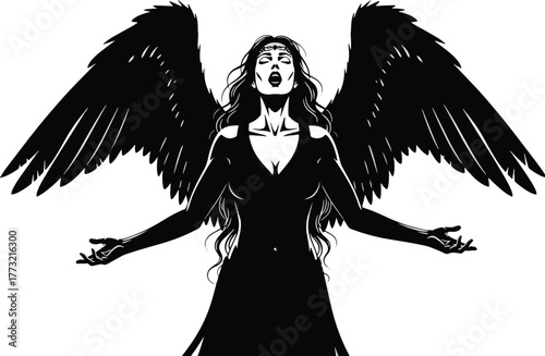 Powerful black and white illustration of a mystical winged woman radiating intense emotion, arms outstretched in a dramatic pose