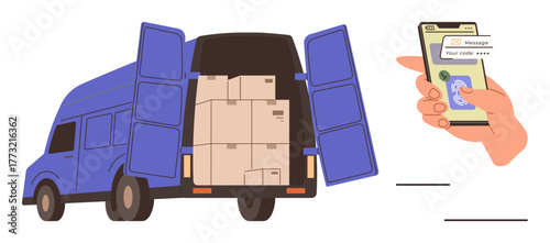 Delivery van loaded with boxes and smartphone showing secure payment process. Ideal for shipping, logistics, e-commerce, secure payment, digital communication, courier service, simple flat metaphor