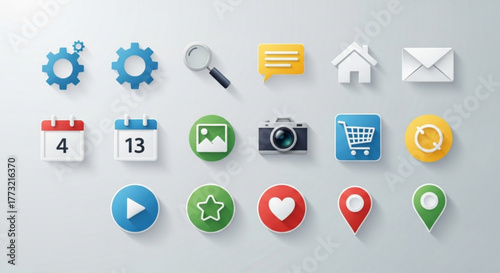 Collection of colorful app icons with shadow effect on a light gray background, offering a modern and userfriendly interface design element