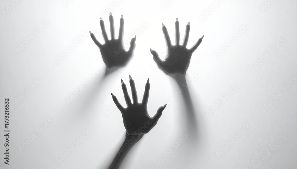 Obraz premium Shadowy hands pressed against blurred white surface