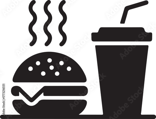 Black and white icon of a hamburger and a soda cup with steam hamburger icon soda cup icon