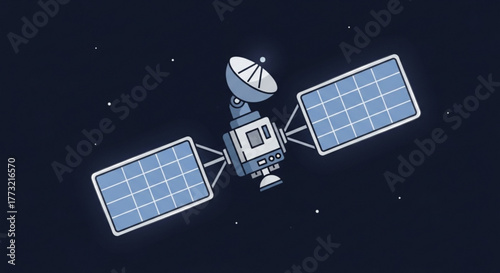 Illustration of a satellite with solar panels and antenna, orbiting the earth, transmitting data and signals in space at night with stars
