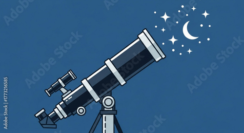 Illustration of a telescope pointing towards the moon and stars on a dark blue background, symbolizing exploration, discovery, and astronomical observation