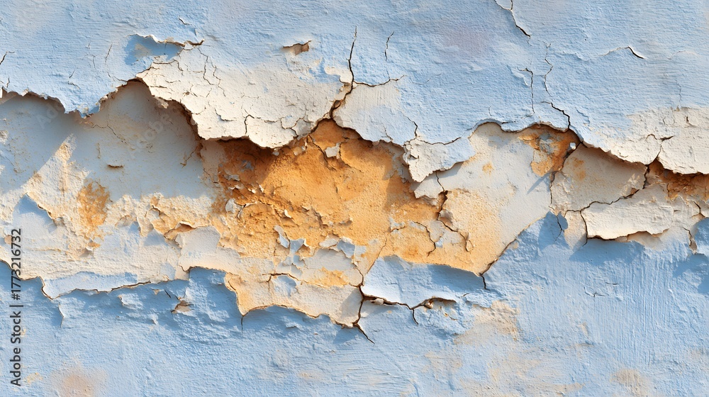 Obraz premium Weathered exterior wall displays layers of peeling paint revealing underlying material