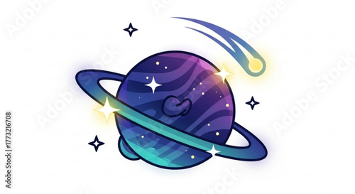Cartoon planet with ring and comet, a whimsical illustration of space and celestial bodies for kids and astronomy enthusiasts