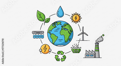 Illustration of earth surrounded by renewable energy sources, including solar, wind, water, and recycling