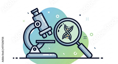 Illustration of a microscope and a magnifying glass examining a dna strand, , representing scientific research and discovery