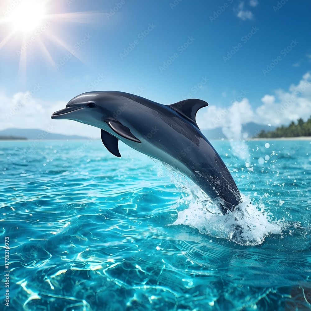 Naklejka premium Majestic Dolphin Leaping Above the Deep Ocean Waves