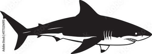 Striking black and white vector illustration of a great white shark in a classic side profile