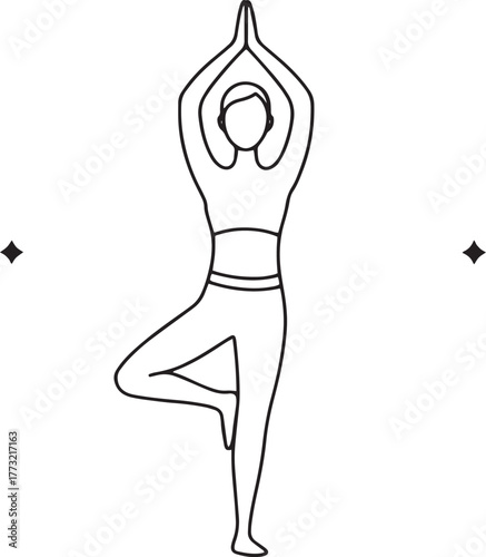 Elegant line art illustration of a woman in tree pose, an icon for yoga, balance, and wellness