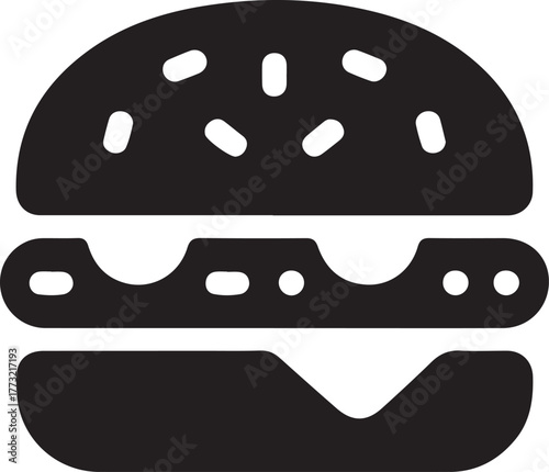 Black and white minimalist icon illustration of a hamburger with sesame seeds and cheese 1