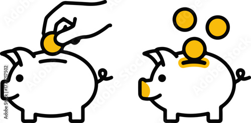 Hand inserting coin into piggy bank and coins falling into piggy bank