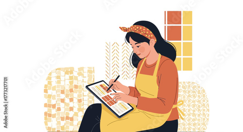 Woman Designing and Working On Digital Tablet While Choosing Interior Design Elements