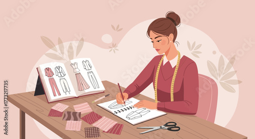 Woman Designing Fashion, Sketching Garments, Creative Process, Artistic Clothing Creation